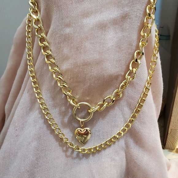 CHUNKY HEART❤ LOCKET DOUBLE CHAIN NECKLACE - Picture 8 of 16